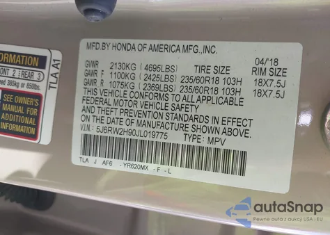 2018 Honda Cr-V Touring from USA, damaged, VIN 5J6RW2H90JL019775